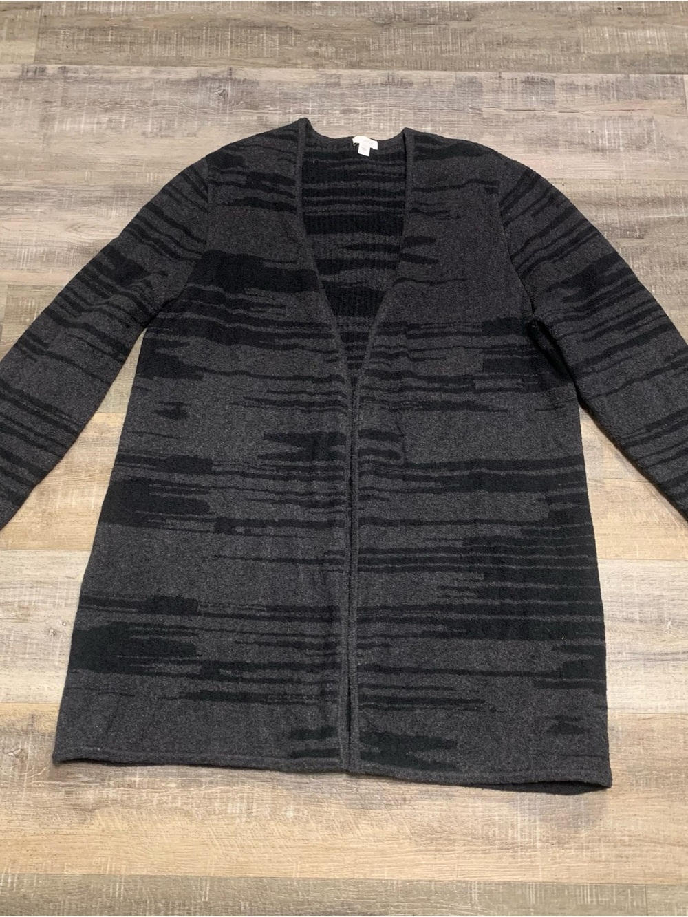 Pure Jill Open Front Long Cardigan Sweater Black & Gray Print Women’s Large